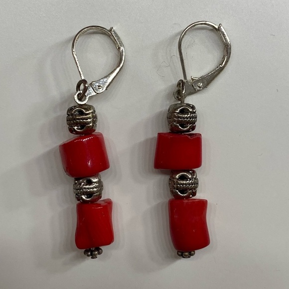 Elegant Red and Silver Dangle Earrings - Picture 1 of 7